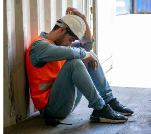 worker with hardhat sitting with head down