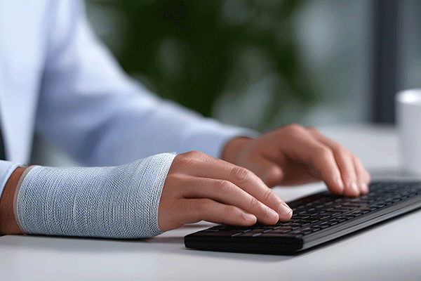 Injured Hand Typing on Keyboard: Close-up of an injured person typing on a keyboard, highlighting the challenges of working with a bandaged wrist